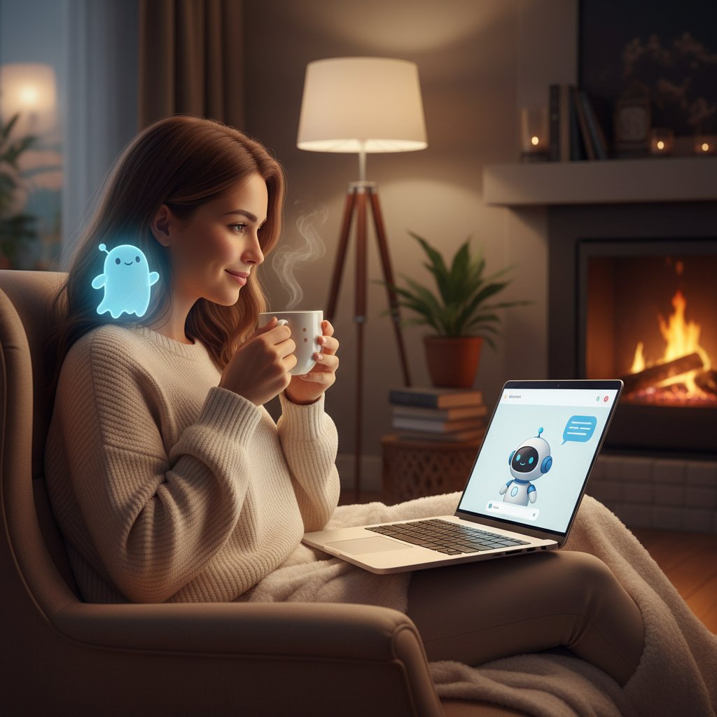 Kobieta relaksuje się wieczorem przy komputerze z kubkiem kawy, symbolizując korzystanie z wirtualnego kumpla