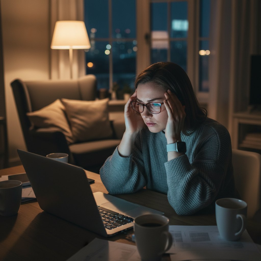 Kobieta masująca zmęczone oczy przy laptopie w domowym biurze, zdrowie oczu copywritera