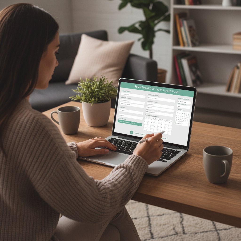 Proces generowania diety online – kobieta wypełniająca szczegółowy formularz w domu przy laptopie