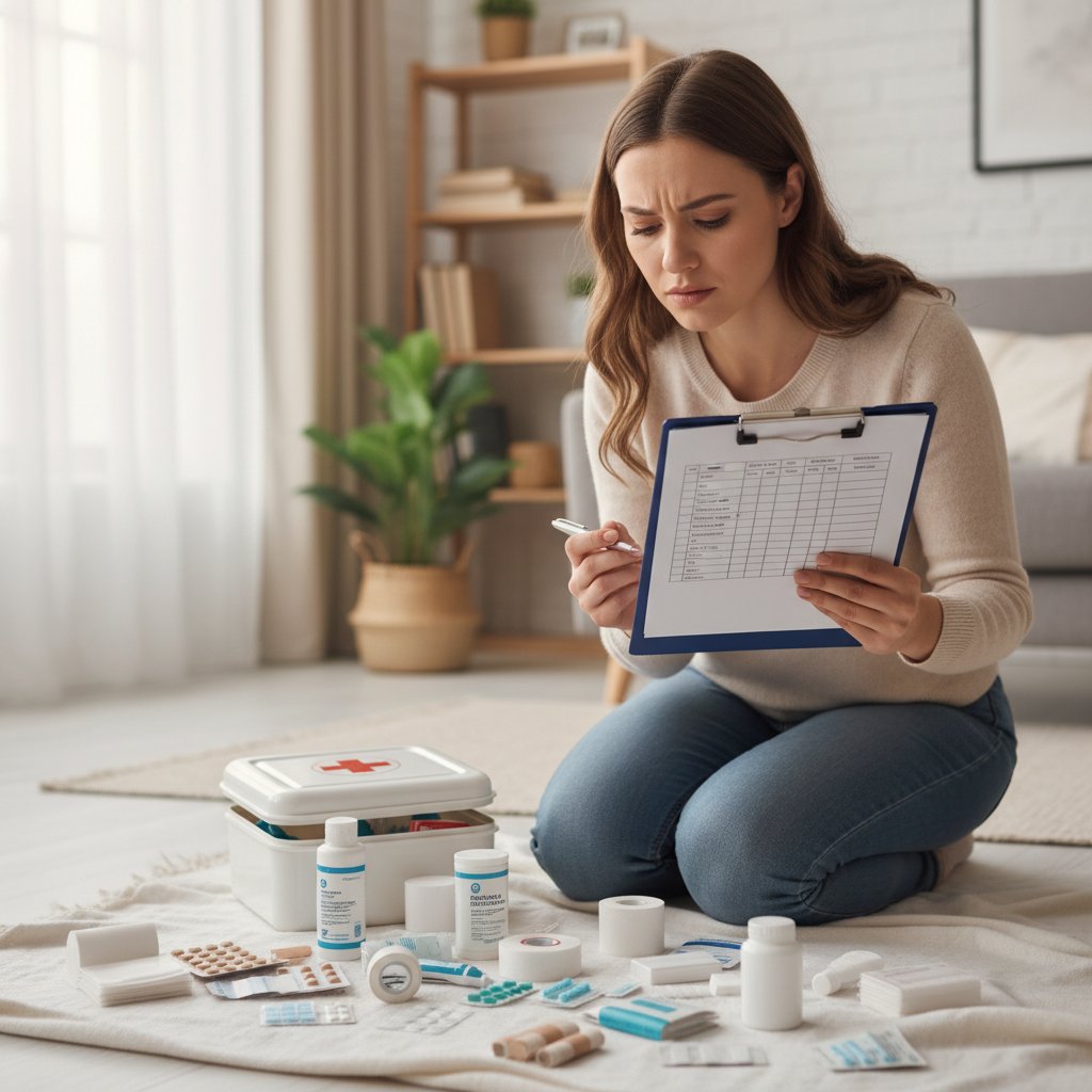 Kobieta trzymająca apteczkę i checklistę pierwszej pomocy, wyraz twarzy skupiony, tło domowe