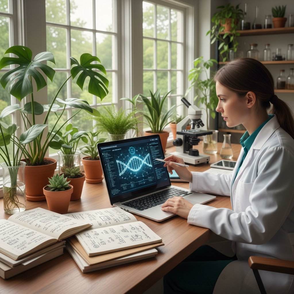 Kobieta analizująca dane genomowe na laptopie, notatki na stole, rośliny w tle