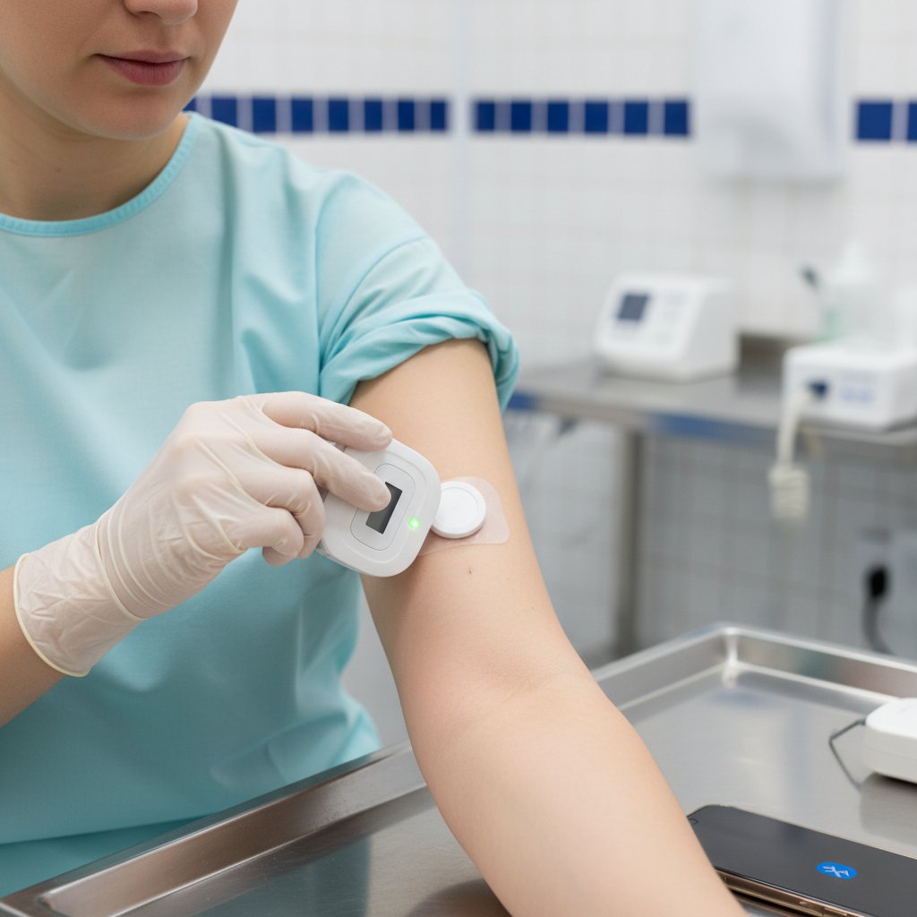 Kobieta zakładająca nowoczesny sensor glukozowy, zbliżenie na rękę i urządzenie