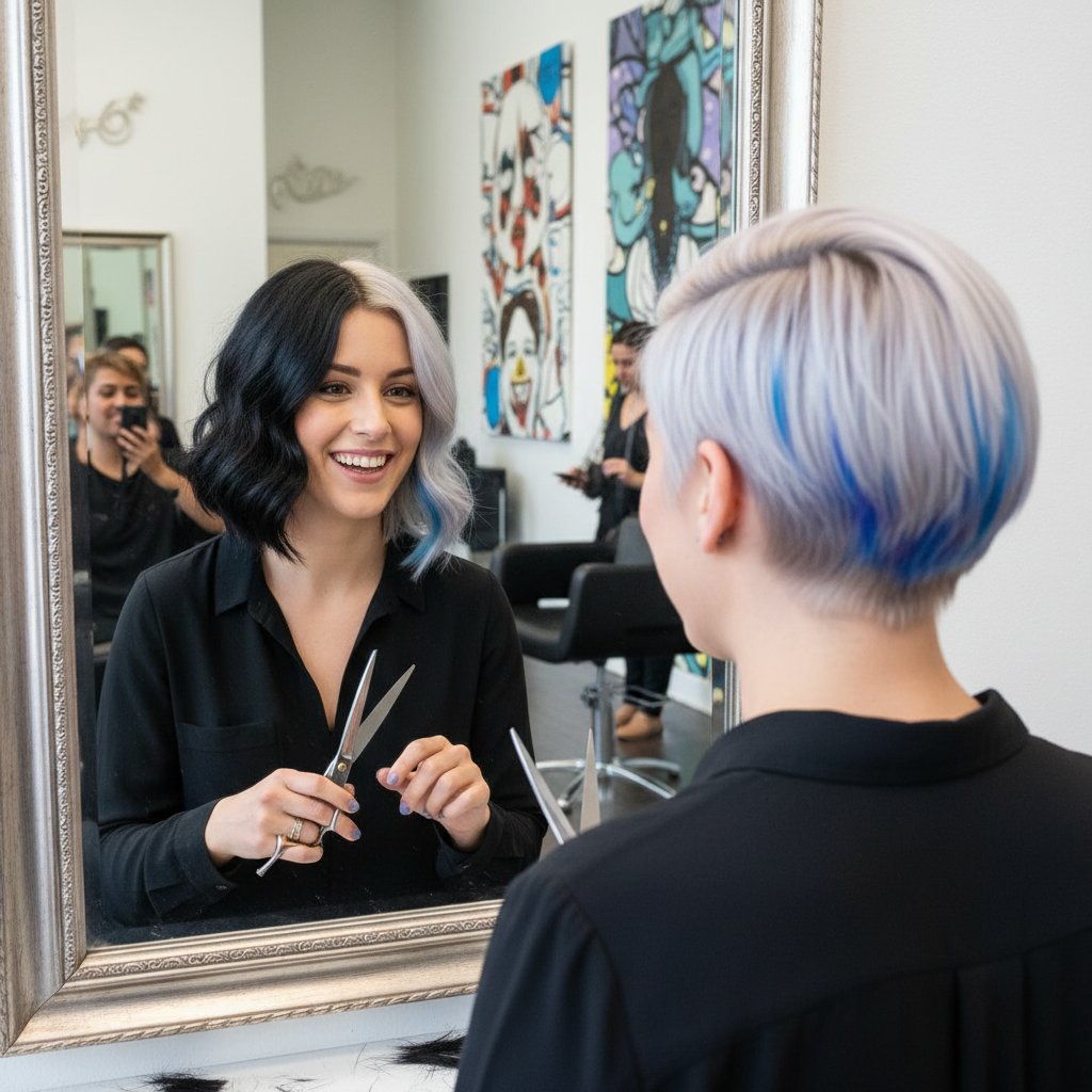 Kobieta prezentująca włosy przed i po kuracji keratynowej na tle lustra