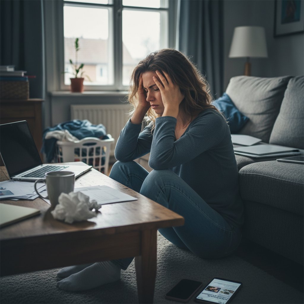 Kobieta trzymająca się za głowę w domowym zaciszu, wyraźne oznaki stresu i napięcia