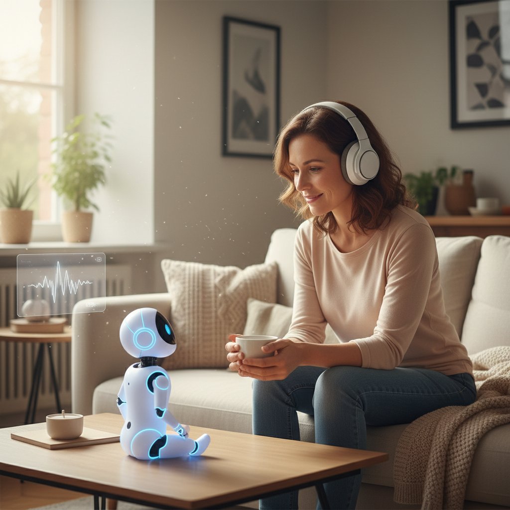 Frau mit Kopfhörern im Wohnzimmer, vertieft in Chat mit KI-Begleiterin, Ausdruck von Geborgenheit und Nähe