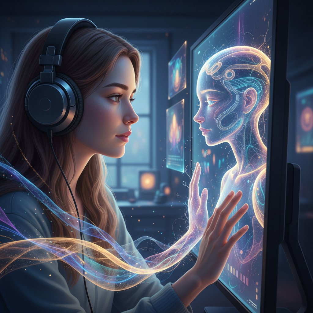 Frau mit Kopfhörern blickt auf Bildschirm mit Avatar, emotionale Verbindung sichtbar
