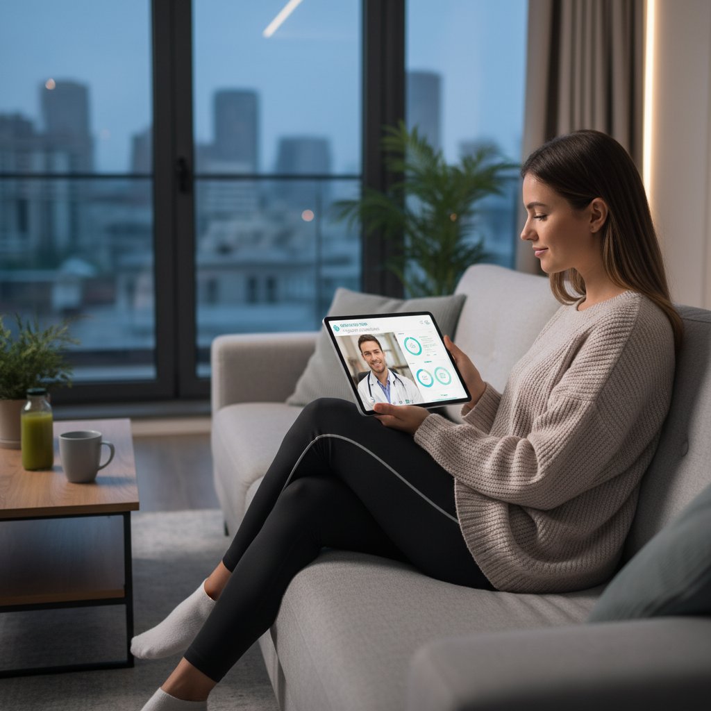 Kobieta z telefonem, aplikacja zdrowotna, cyfrowa konsultacja, domowa scena, nowoczesny styl życia