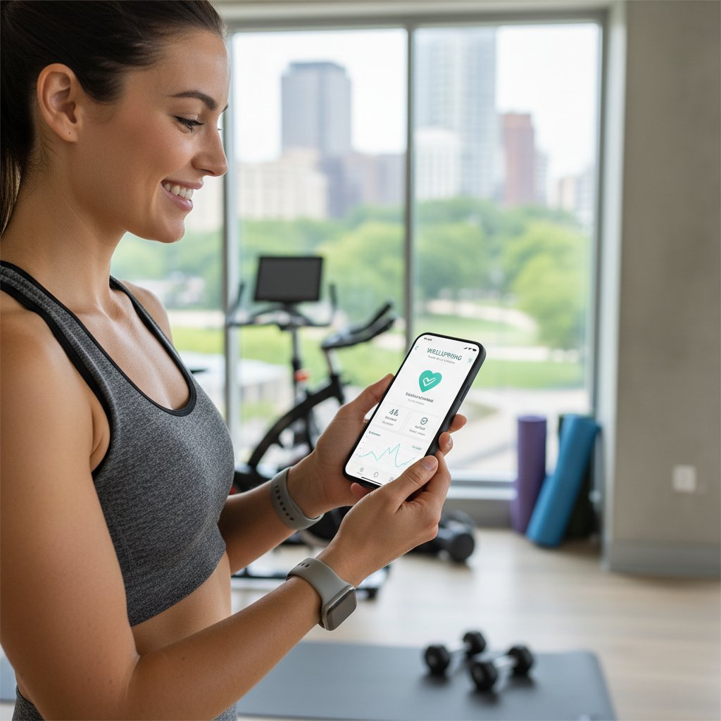 Zdjęcie młodej kobiety korzystającej z aplikacji zdrowotnej na smartfonie – symbol wsparcia nowoczesnej technologii