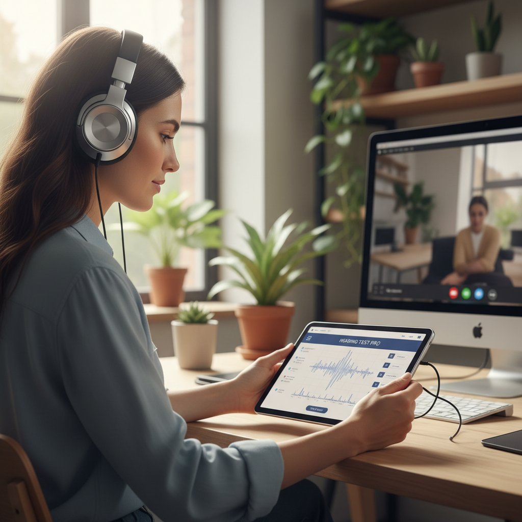 Młoda kobieta sprawdzająca słuch za pomocą aplikacji na słuchawkach w domowym biurze