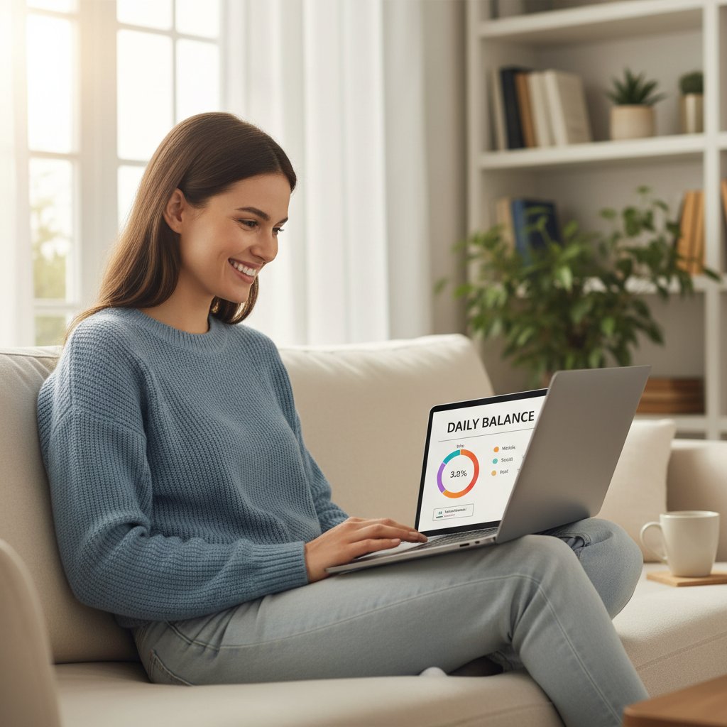 Kobieta w domowym otoczeniu, uśmiechnięta, pracująca z laptopem – codzienna równowaga po zmianie nawyków