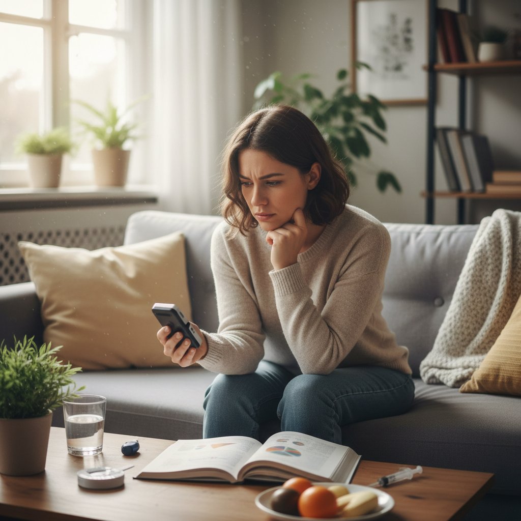 Zdjęcie kobiety z zamyśloną miną w domowym otoczeniu, cukrzyca typu 2 a codzienne objawy