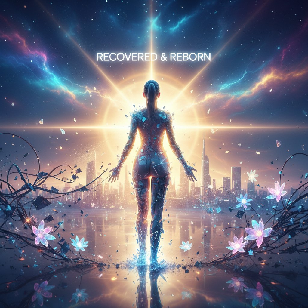 Kobieta patrząca z nadzieją w przyszłość, światło przebijające przez ciemność – symbol powrotu do bezpieczeństwa po cyberstalkingu