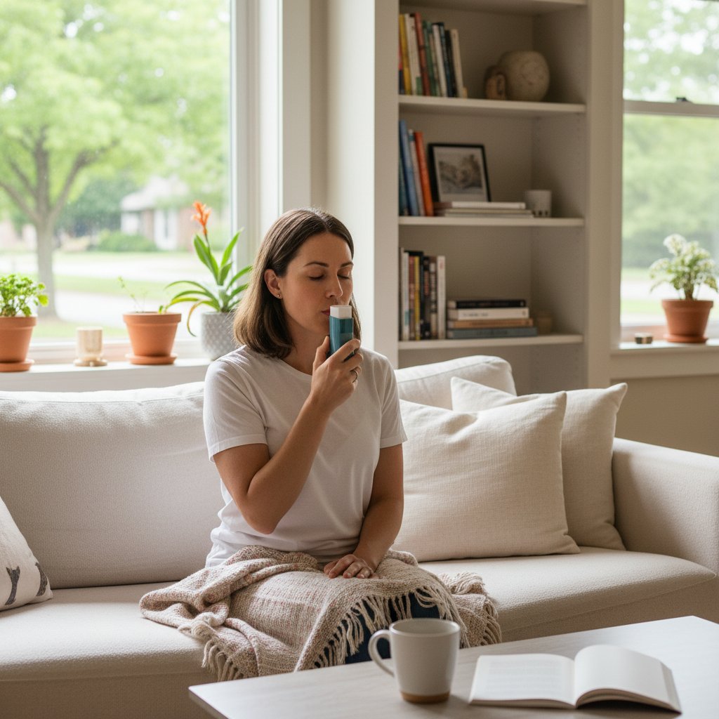 Kobieta korzystająca z inhalatora w domu
