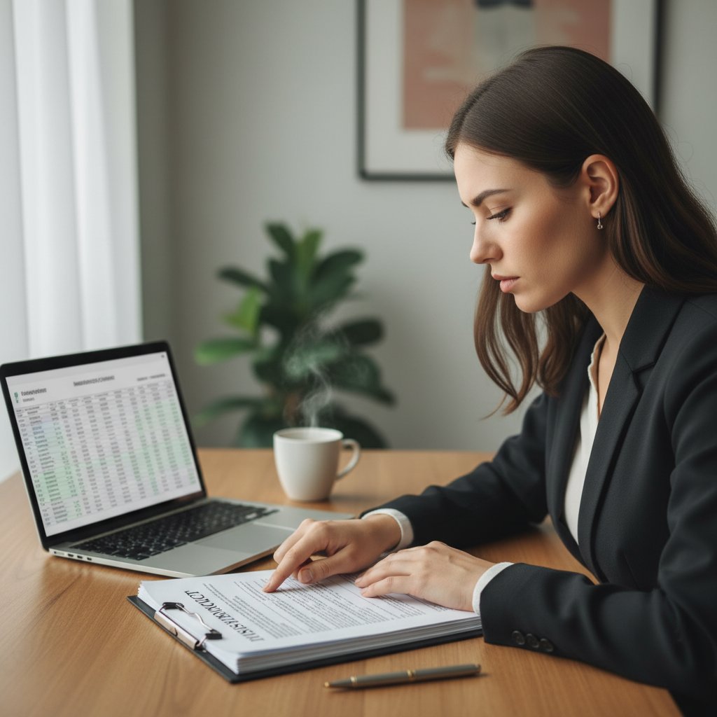 Kobieta analizująca umowę ubezpieczeniową przy biurku, laptop, dokumenty, skupiona twarz