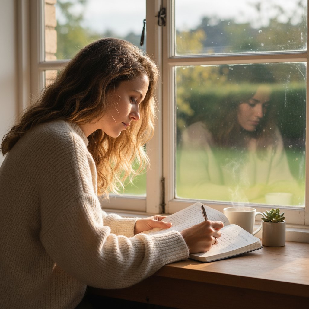 Kobieca postać, notująca emocje w dzienniku, światło poranka, atmosfera refleksji i uważności
