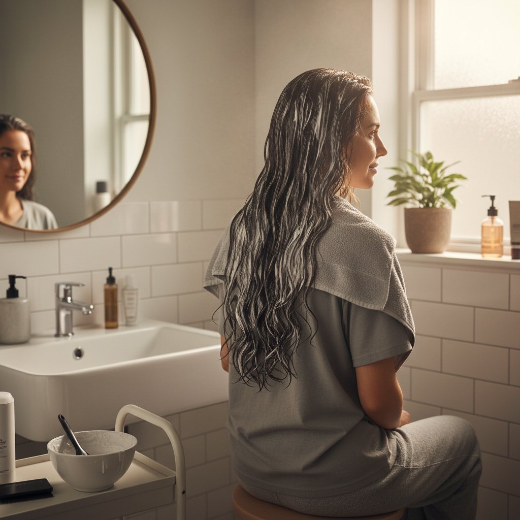 Kobieta wykonująca samodzielnie zabieg keratynowy w domowej łazience