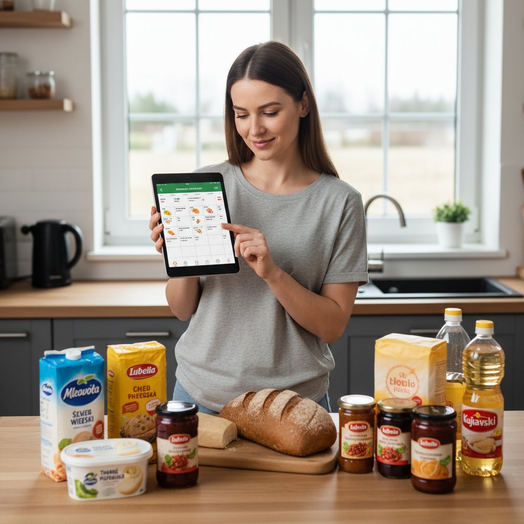 Młoda kobieta korzysta z aplikacji kucharz.ai w kuchni, planując tygodniowe posiłki przy polskich produktach