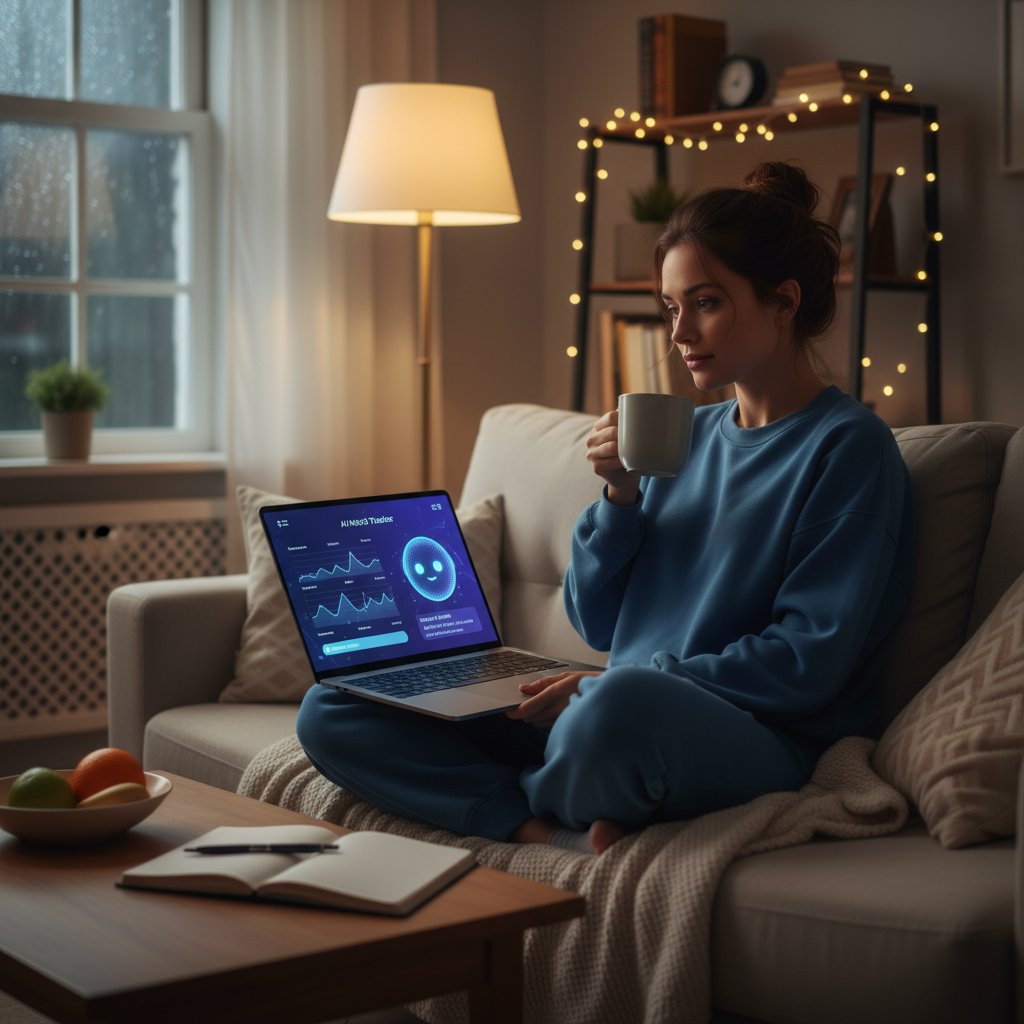 Kobieta korzystająca z aplikacji AI do monitorowania nastroju, otwarty laptop, spokojna atmosfera wieczorem