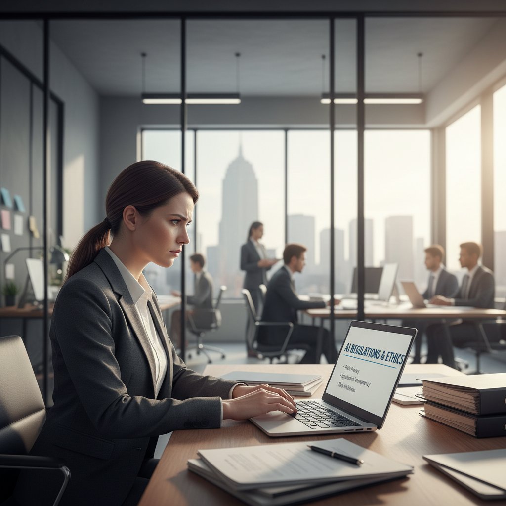 Kobieta z laptopem przegląda regulacje dotyczące AI, poważny wyraz twarzy, otoczenie biurowe