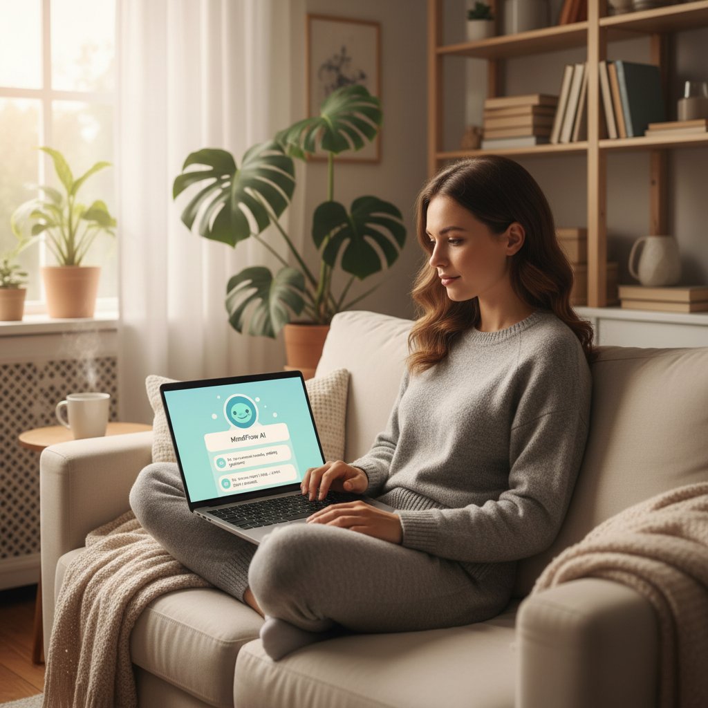 Kobieta korzystająca z laptopa, zrelaksowana i uśmiechnięta, na ekranie widać okno czatu z AI, słowa kluczowe: empatyczny rozmówca online, wsparcie psychologiczne