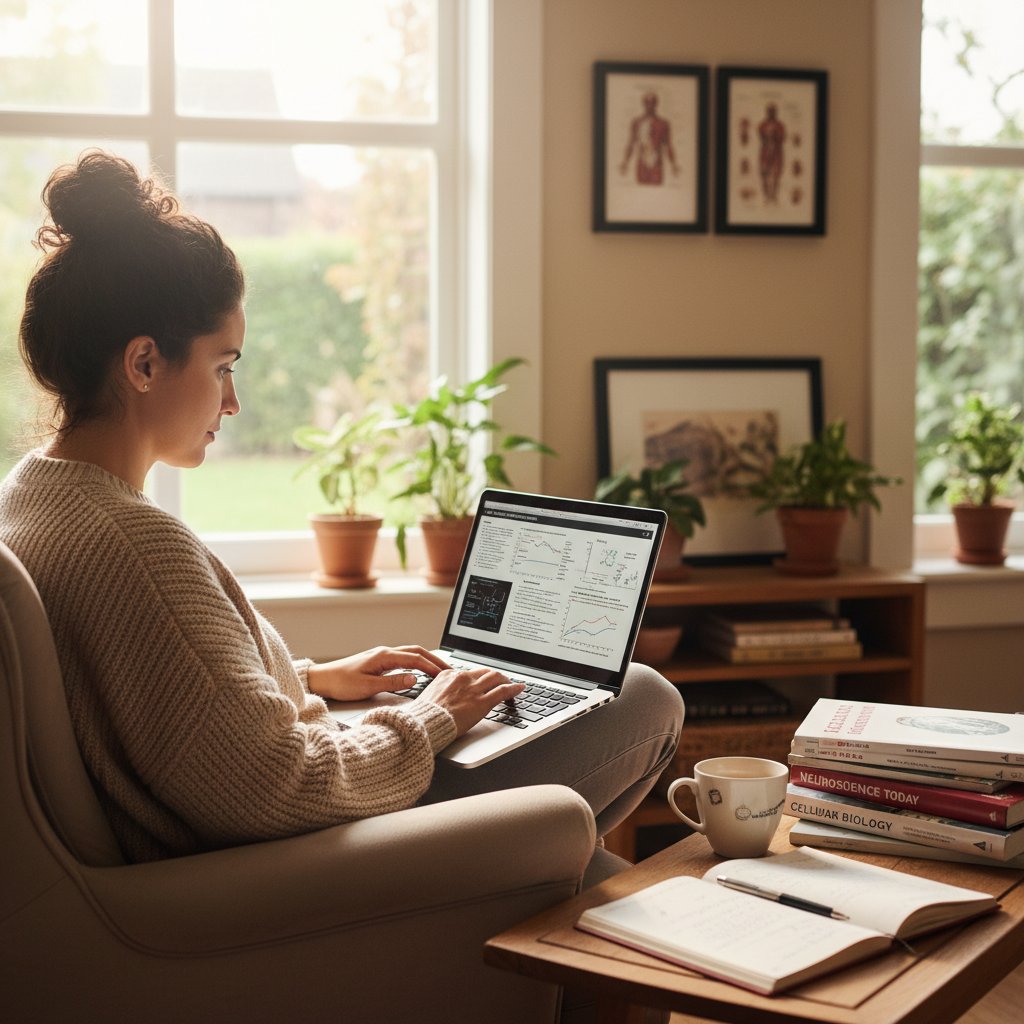 Kobieta korzysta z laptopa w domu, wyszukuje informacje o zapaleniu ucha