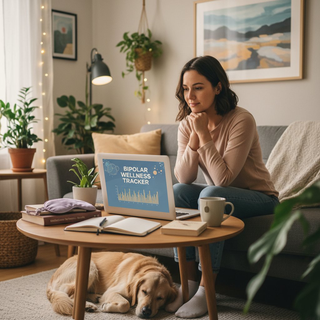 Kobieta korzystająca z laptopa w domowym zaciszu, zdobywająca wiedzę o dwubiegunowości przez medyk.ai