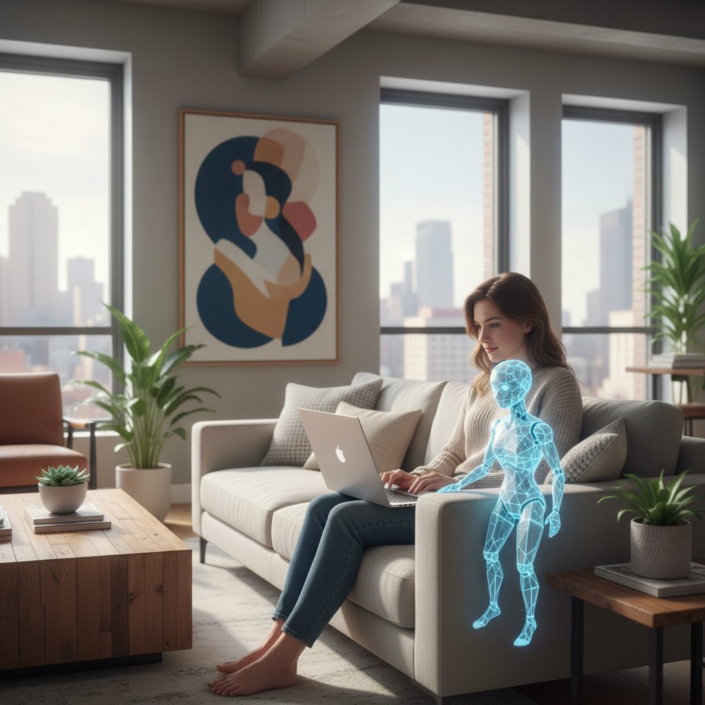 Symbolbild: Frau chattet entspannt mit KI-Freundin auf Laptop im Wohnzimmer