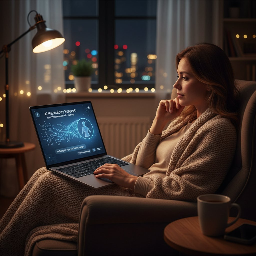 Kobieta korzystająca z laptopa w nocy, światło ekranu, cyfrowe wsparcie emocjonalne