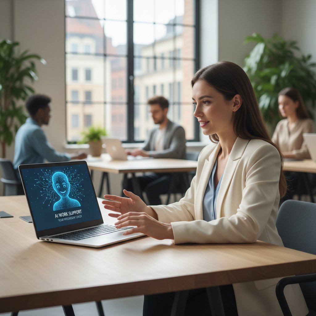 Kobieta korzystająca z laptopa w biurze — AI jako asystent i wsparcie w pracy