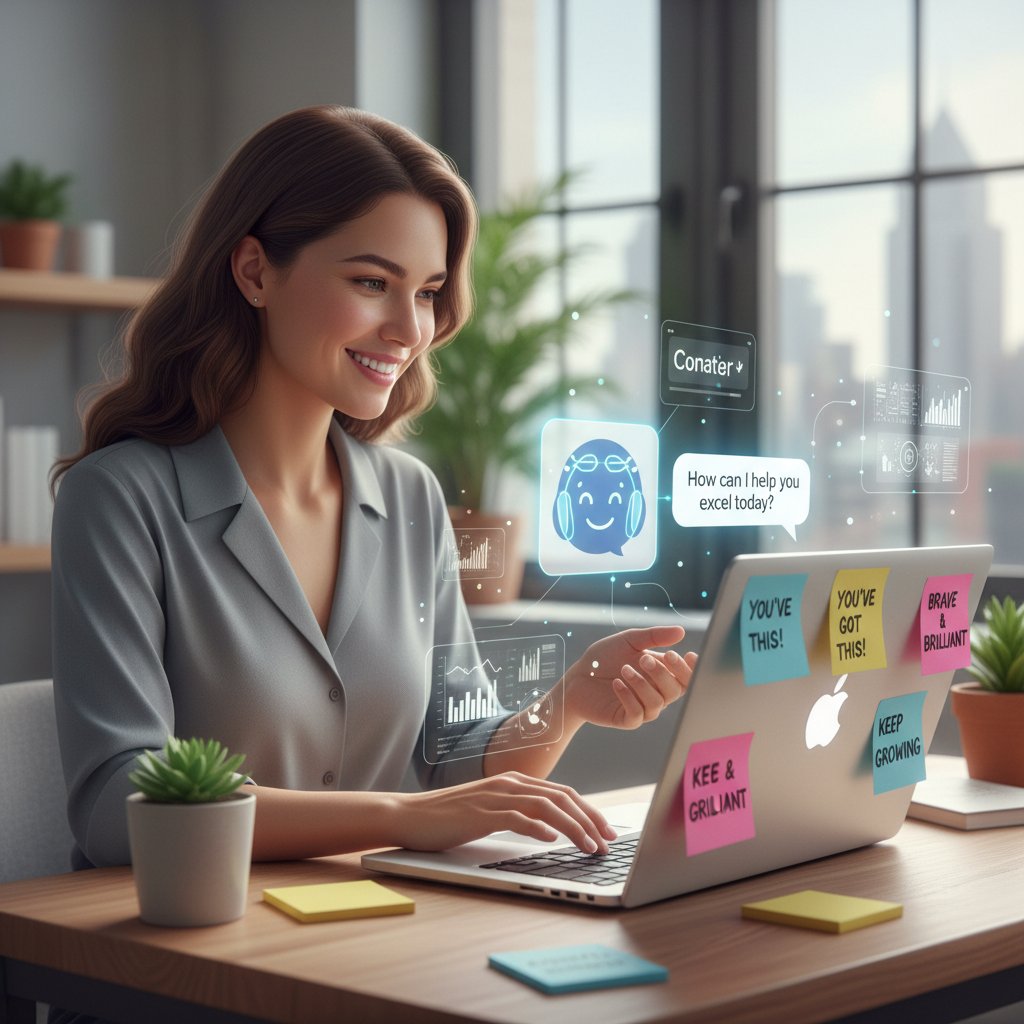 Kobieta korzystająca z laptopa, wokół post it z pozytywnymi notatkami – symbol wsparcia technologicznego