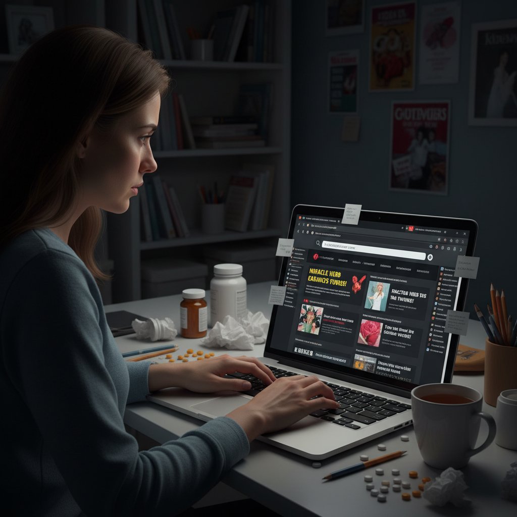 Zdjęcie kobiety przeglądającej forum medyczne na laptopie – zagrożenie dezinformacją zdrowotną