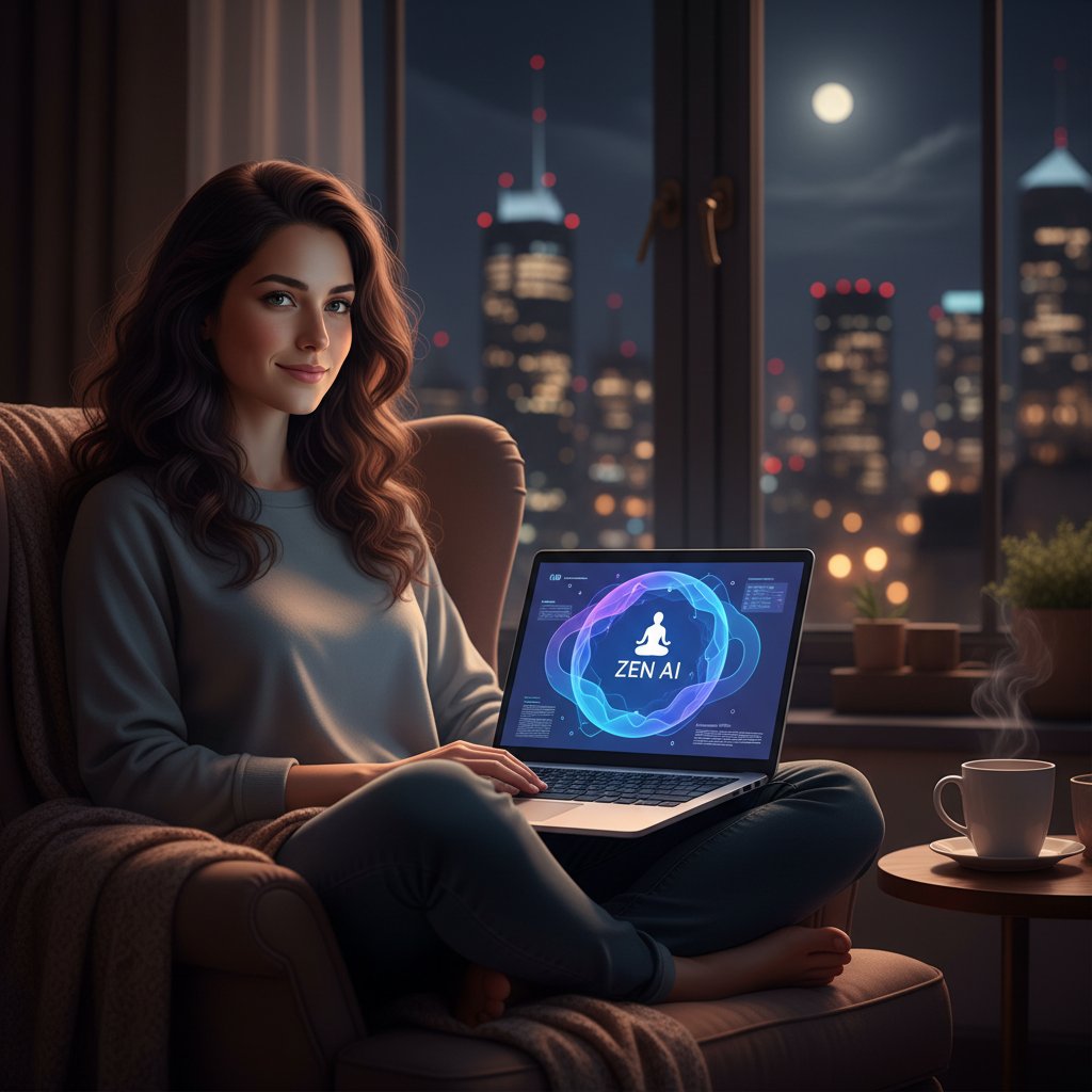 Kobieta siedząca z laptopem przy oknie nocą, ekran oświetlony aplikacją AI, twarz skupiona, spokojna