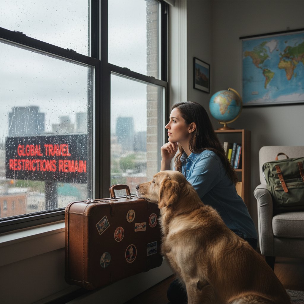 Kobieta patrząca przez okno z walizką, pies siedzi obok, smutek, słowa kluczowe: podróże, ograniczenia, pies, mieszkanie