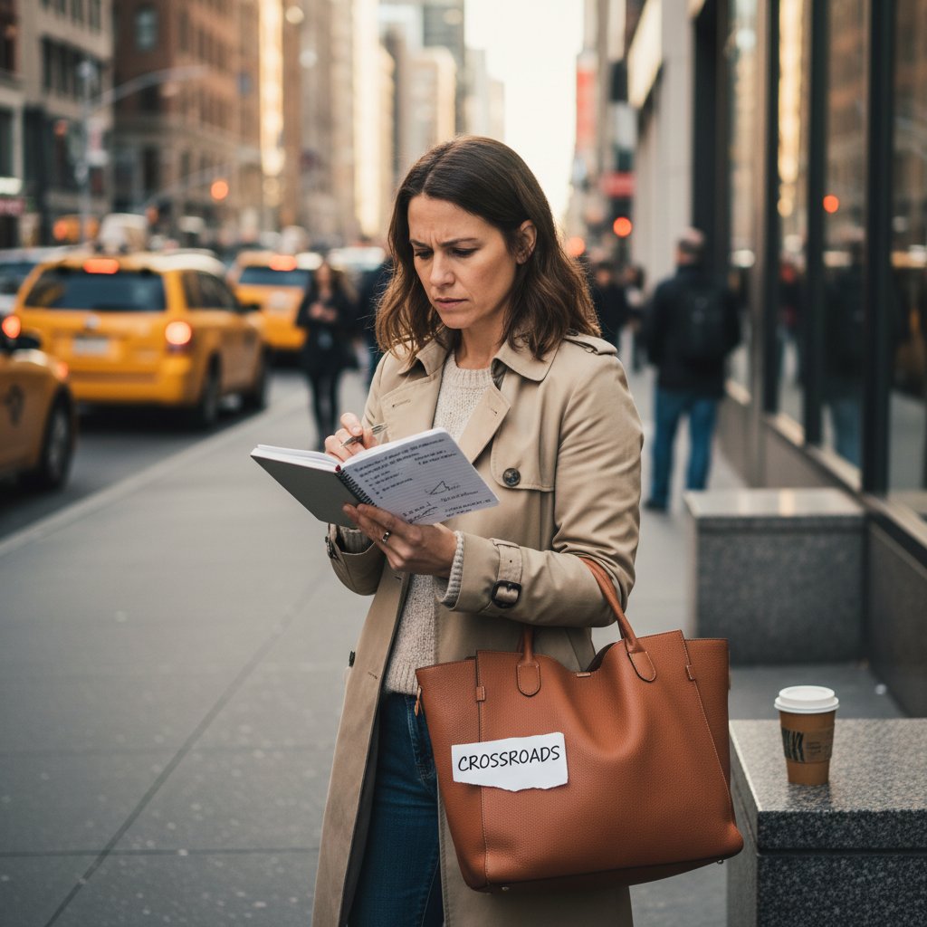 Zdjęcie z życia: młoda kobieta podejmująca decyzję, w tle rozrzucone notatki