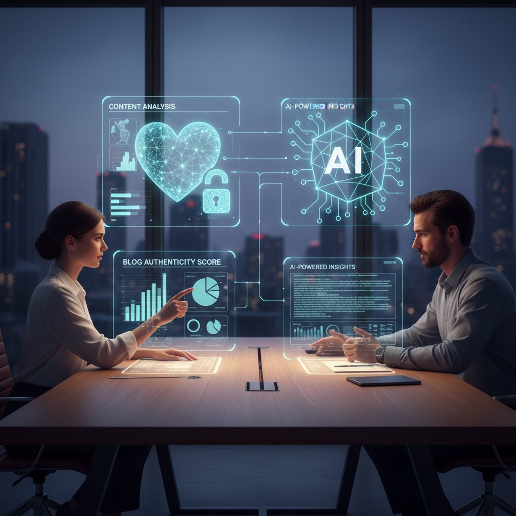 Kobieta i mężczyzna przy biurku analizują tekst na ekranie, obok ikonka ludzkiego serca i symbol AI – wspólpraca człowieka z AI nad autentycznym contentem