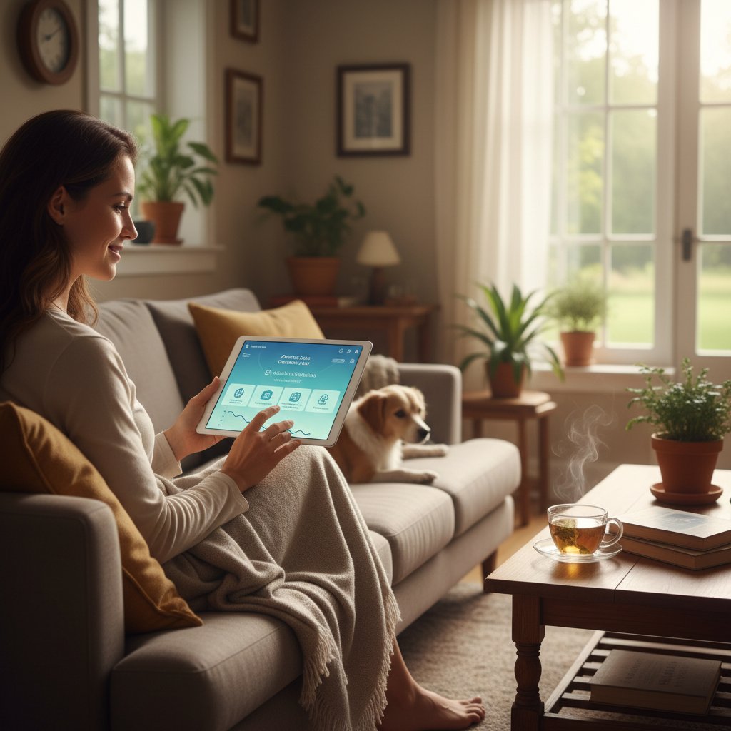 Kobieta korzysta z aplikacji medycznej w domu, porównanie online i tradycyjnego leczenia