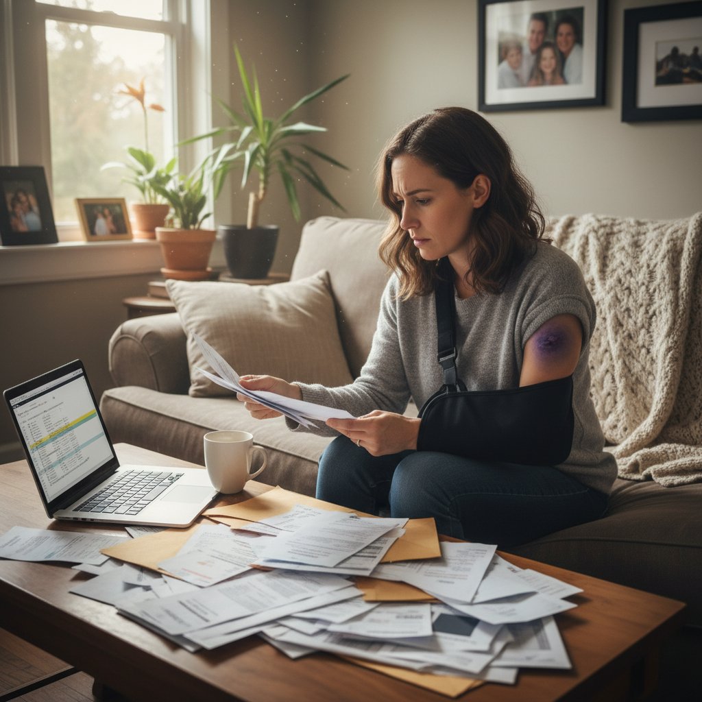 Kobieta przeglądająca rachunki za leczenie po urazie ręki