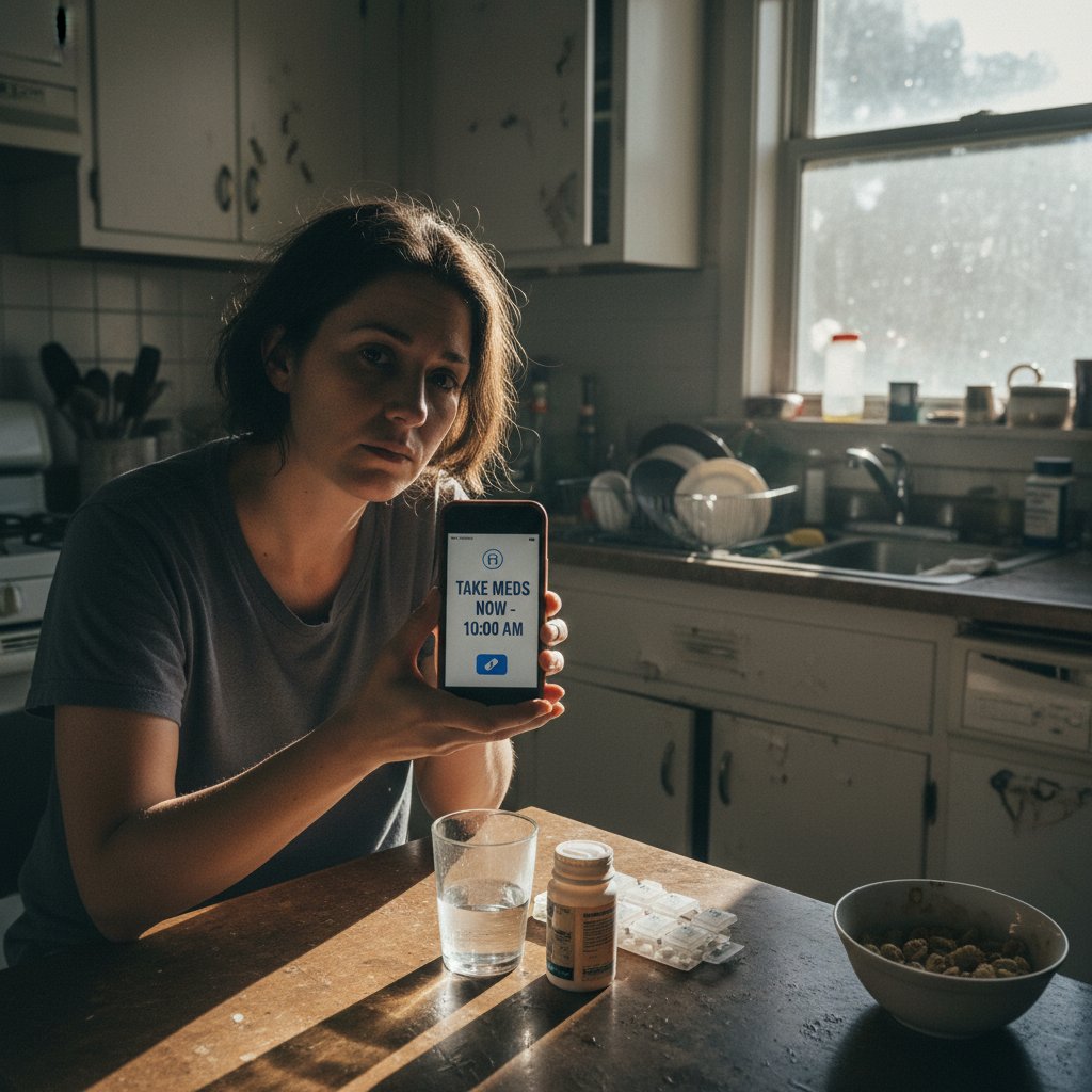Kobieta patrzy z niechęcią na powiadomienie o leku na smartfonie przy kuchennym stole, codzienny chaos, zdrowie w tle