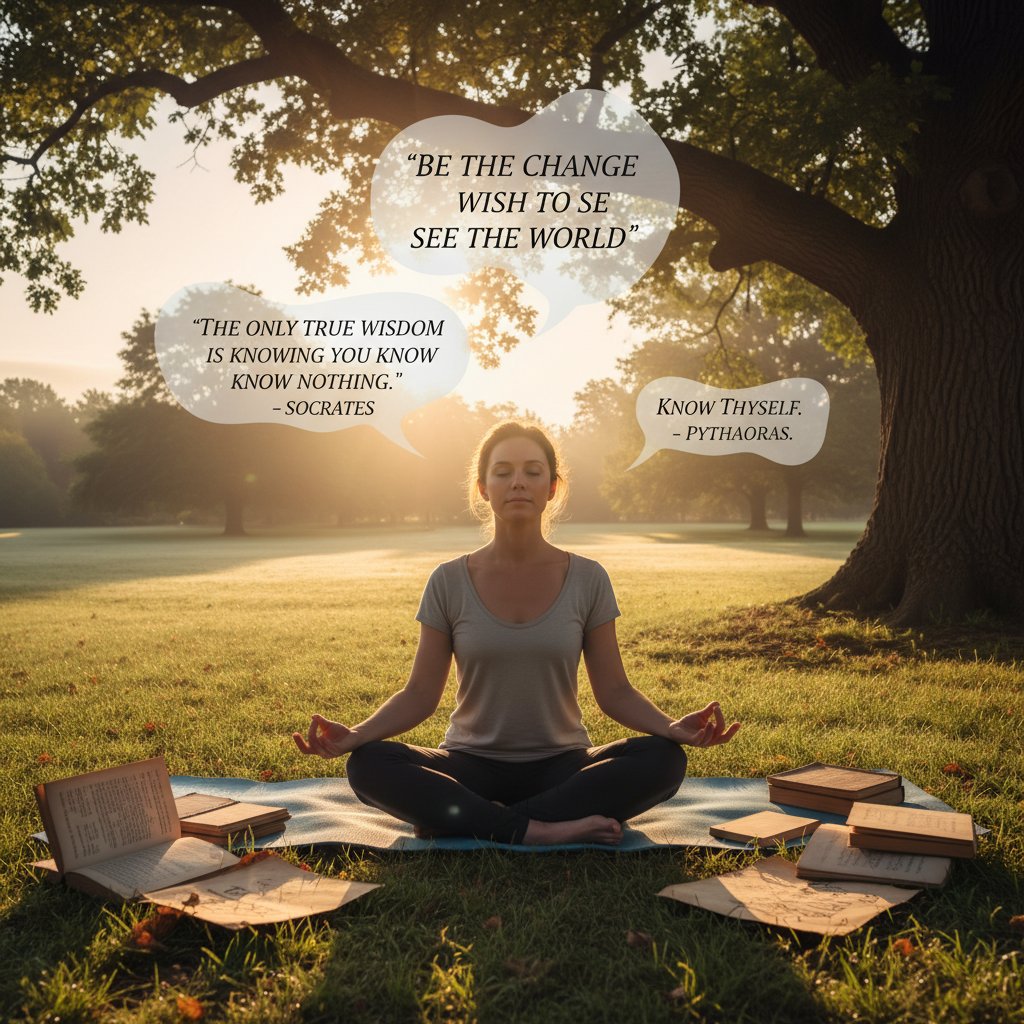 Kobieta medytująca w parku o wschodzie słońca, filozoficzne cytaty zapisane na kartkach obok