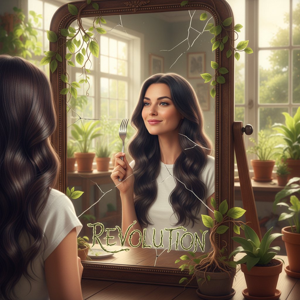Zdjęcie odważnej kobiety patrzącej w lustro, trzymającej widelec z pasmem zdrowych, błyszczących włosów – symbol rewolucji żywieniowej