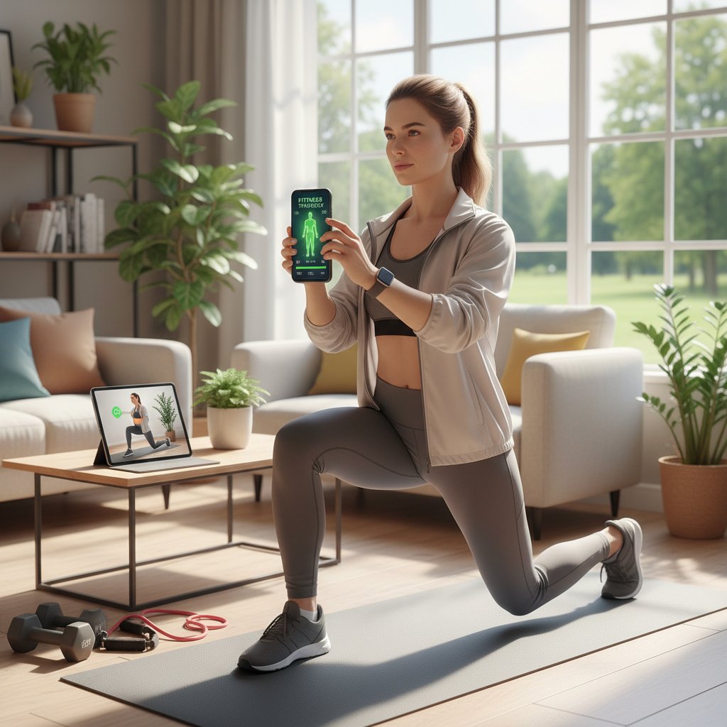 Zdjęcie: kobieta zaznaczająca postępy w aplikacji mobilnej po treningu w domu