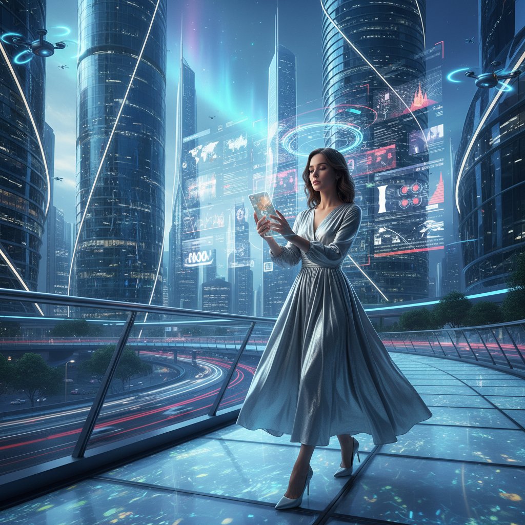 Młoda kobieta korzystająca z urządzeń mobilnych, personalizowany content na ekranie, trendy w komunikacji 2025