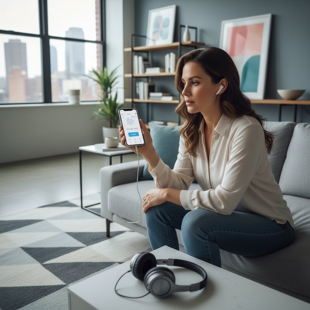 Młoda kobieta korzysta z aplikacji do badania słuchu na smartfonie, nowoczesny salon