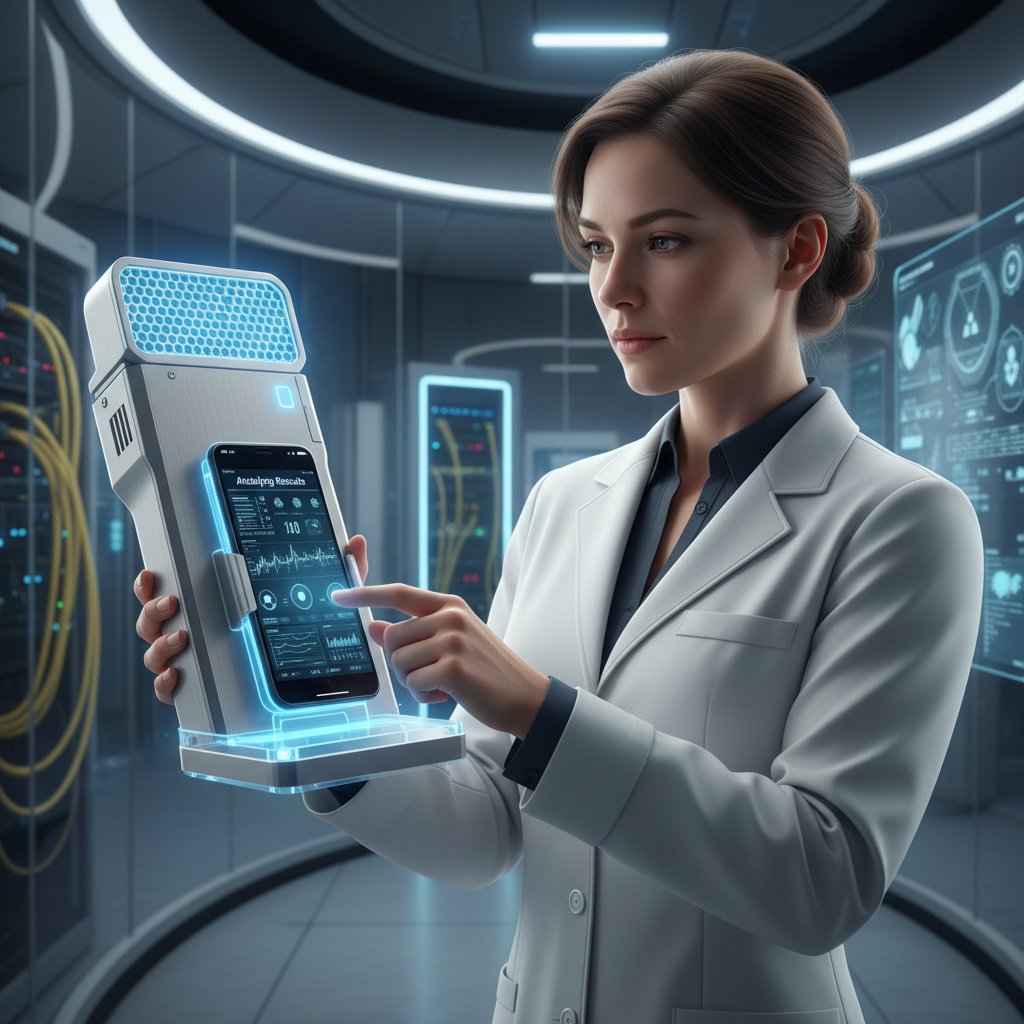 Młoda kobieta z nowoczesnym detektorem promieniowania analizuje wyniki na smartfonie — innowacje technologiczne w monitoringu promieniowania