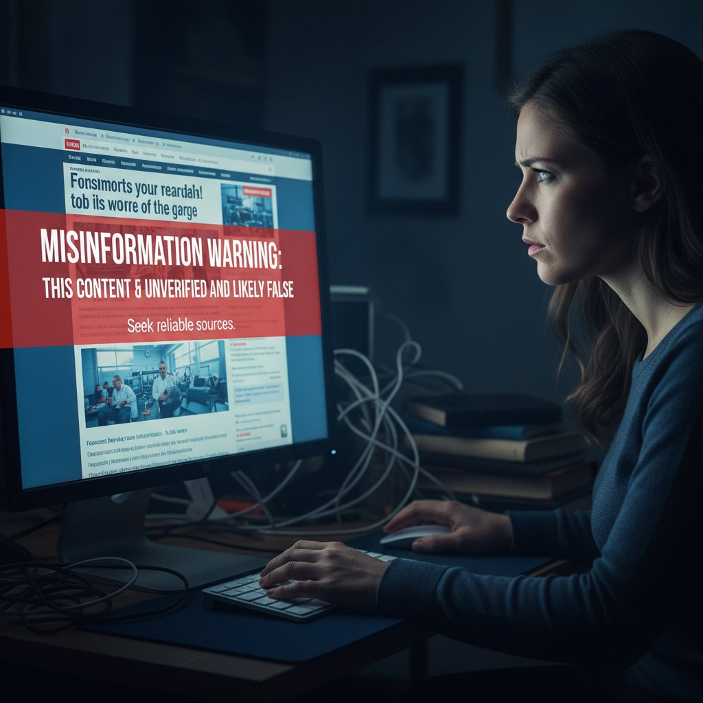 Zbliżenie na monitor z fake newsami i ostrzeżeniami o dezinformacji, kobieta przegląda stronę