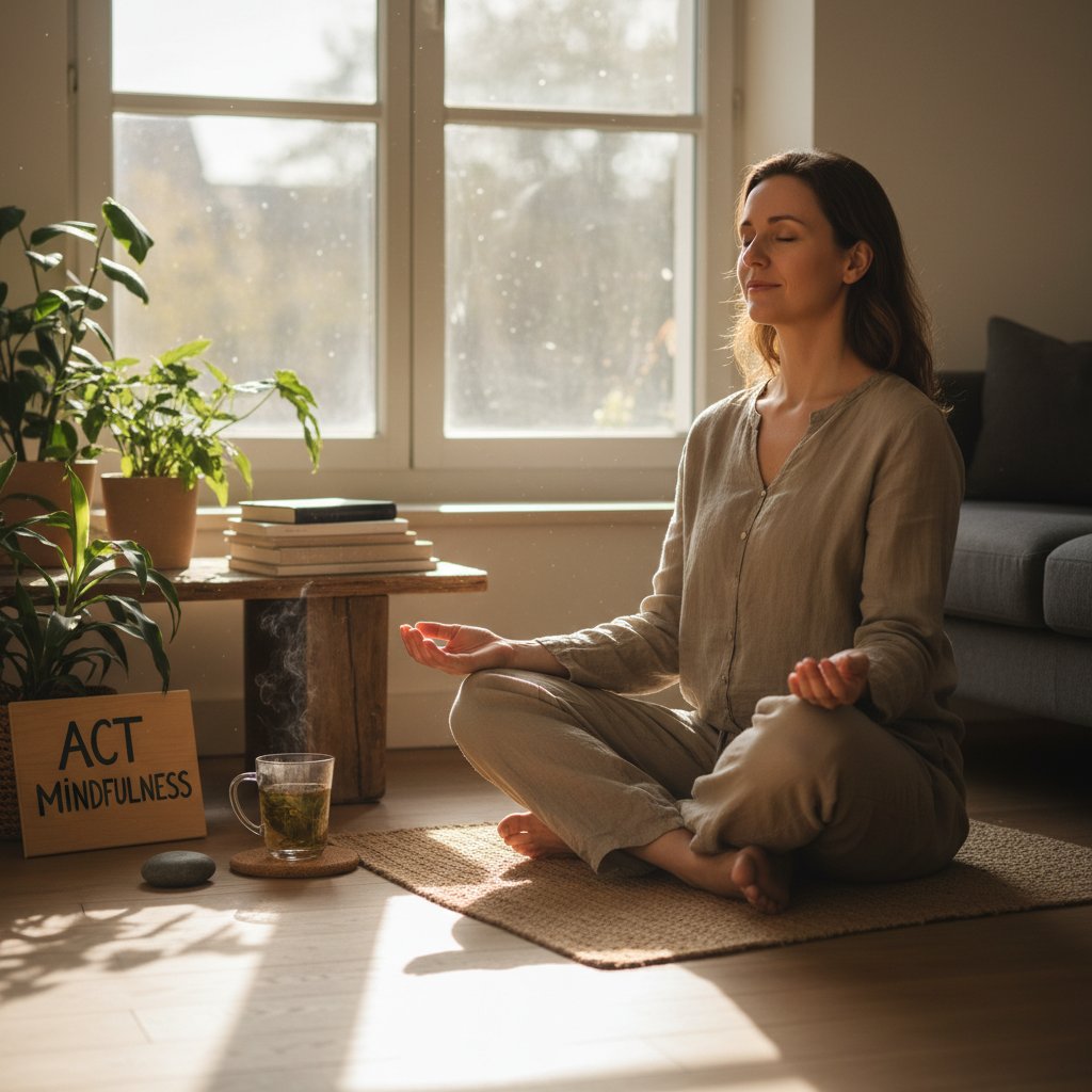 Kobieta wykonująca ćwiczenie uważności rano w domowym zaciszu