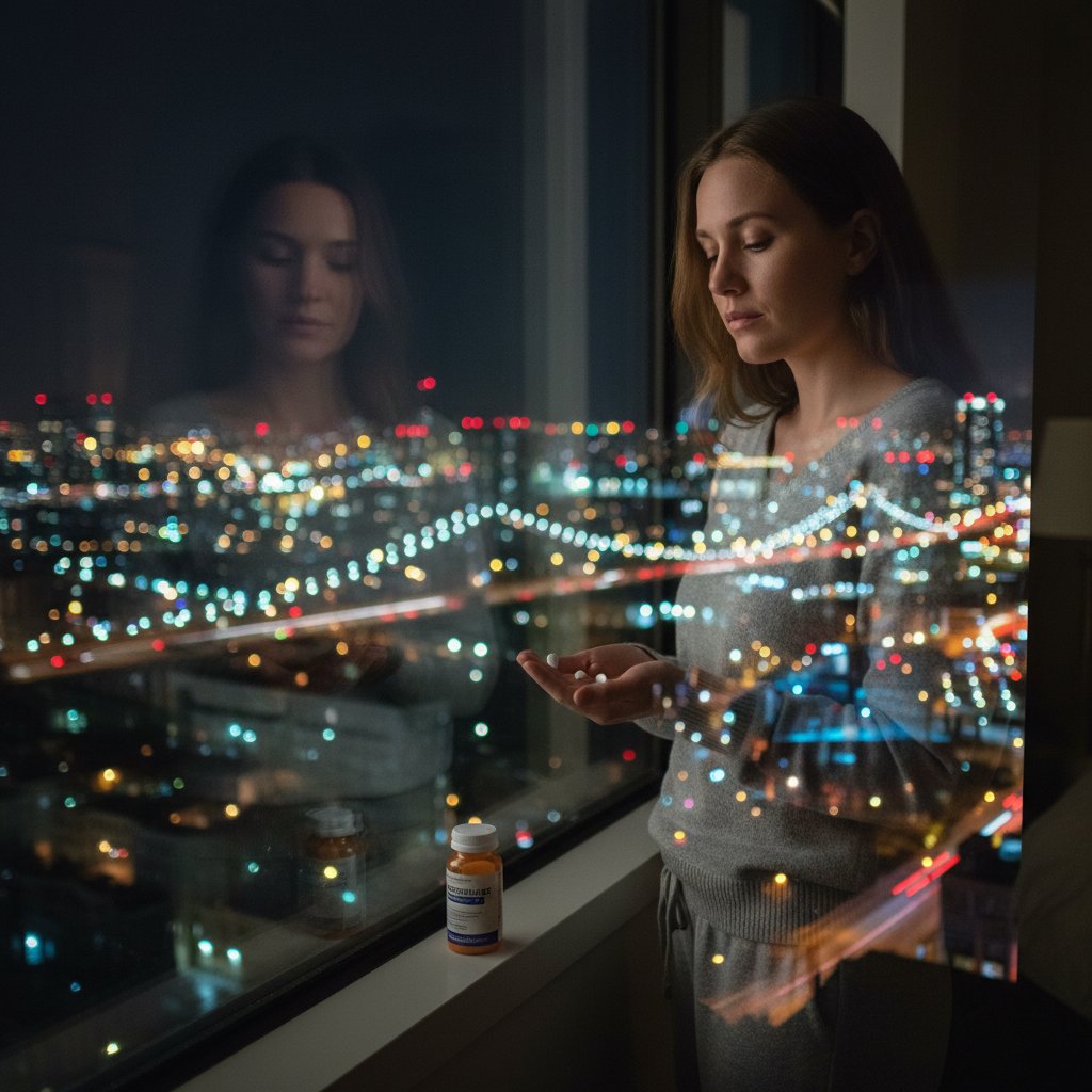 Kobieta siedząca na łóżku z tabletką w ręku, nocna panorama miasta za oknem, atmosfera refleksji