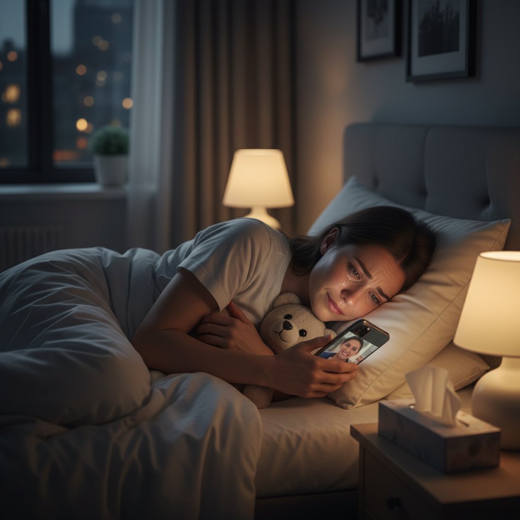 Frau sitzt nachts mit Smartphone im Bett, nachdenkliches Gesicht, Keywords: emotionale Unterstützung, virtuelle Freundin