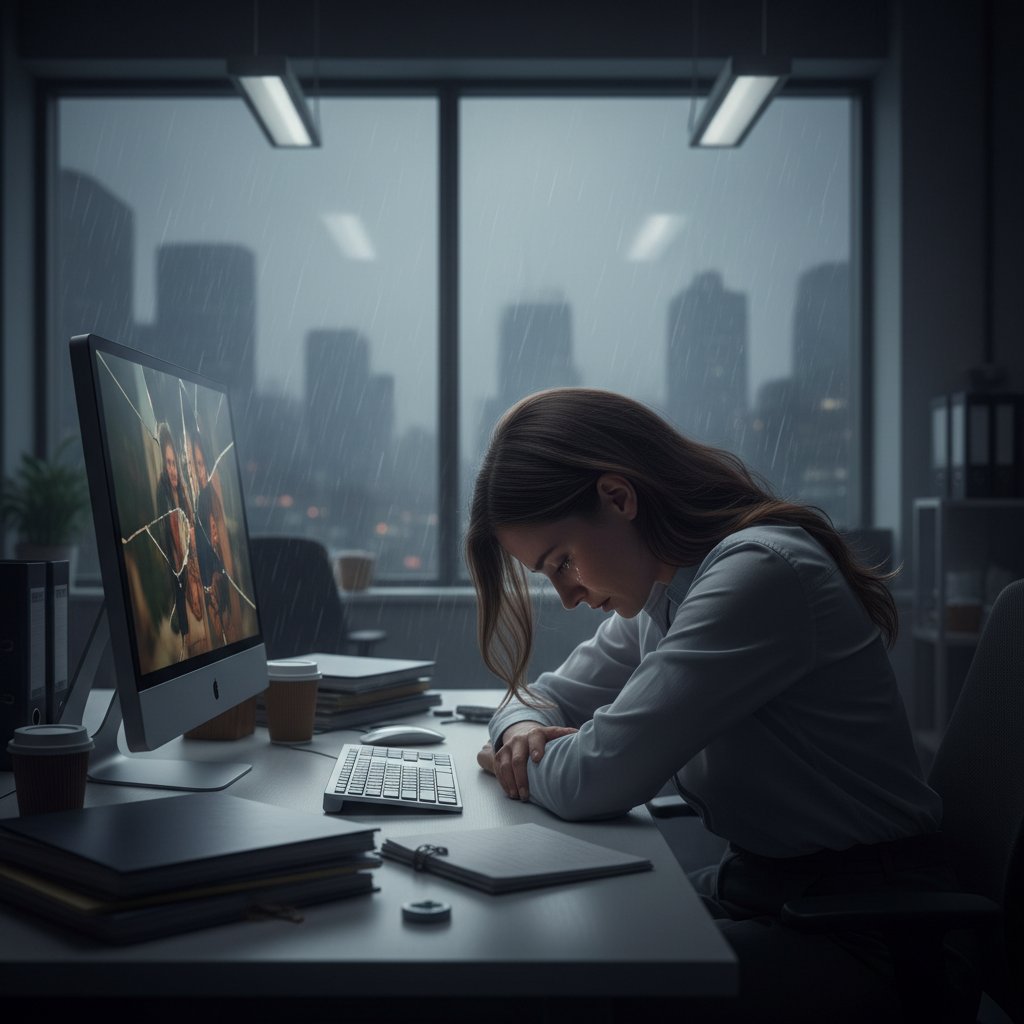 Kobieta pracująca przy komputerze w biurze, zamyślona i smutna