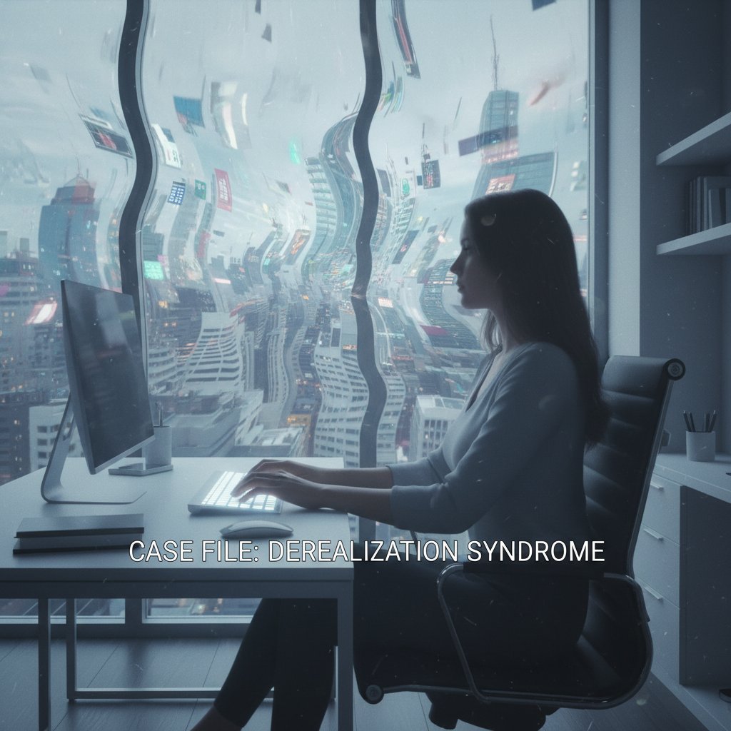 Kobieta w biurze przy komputerze, patrząca przez okno z zamyśleniem – przypadek derealizacji w pracy